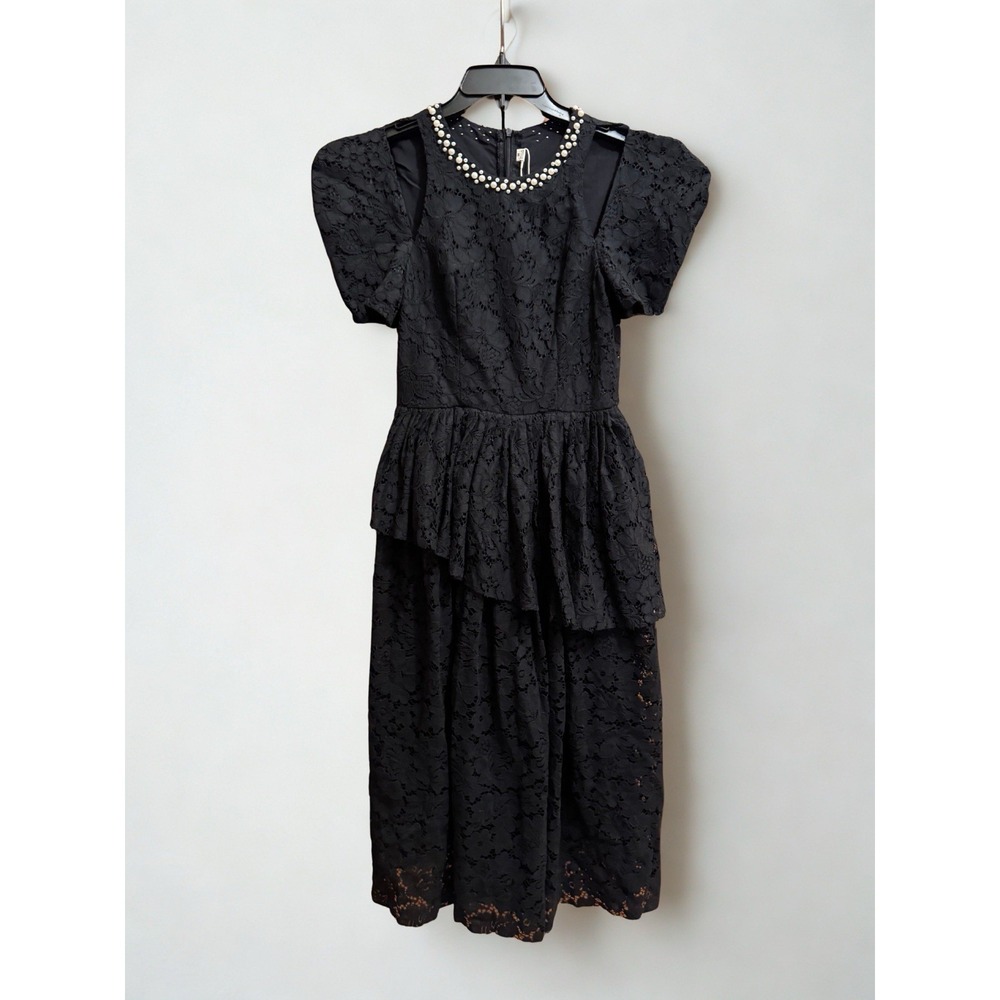 Black Lace Women's 50s Style Tiered Dark Romantic Whimsigoth Dress Pearls M New